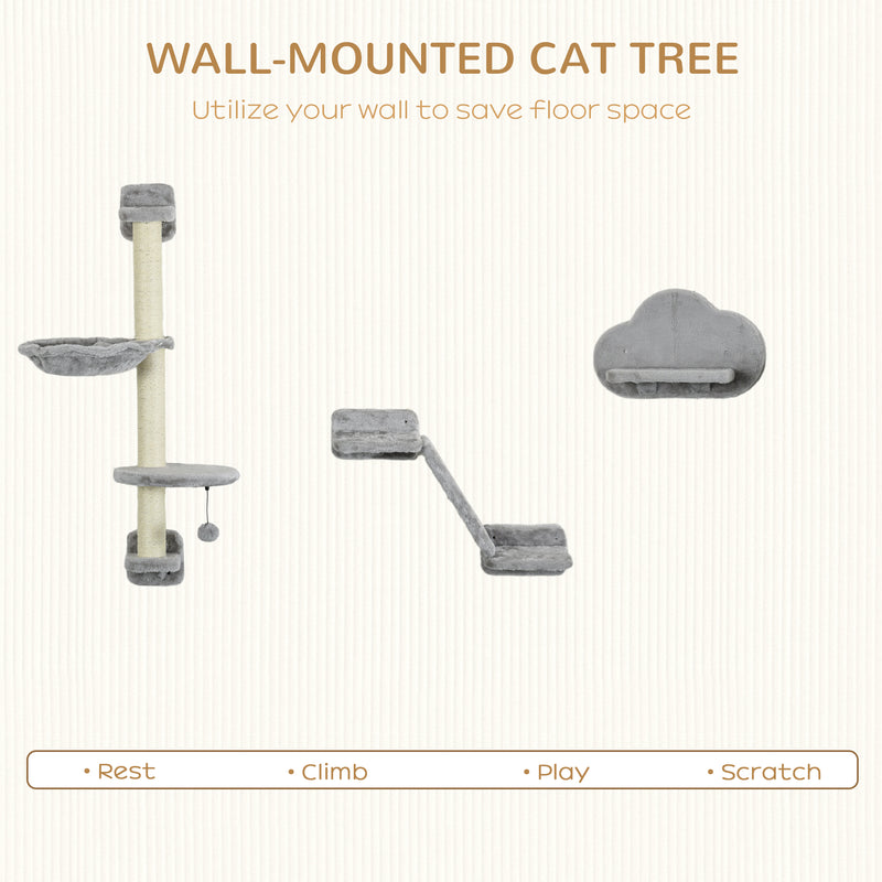 3 Pcs Wall Mounted Cat Shelves, w/ Hammock, Jumping Platform, Ladder, Scratching Post, Cat Wall Furniture w/ Play Ball for Large Cats, Grey