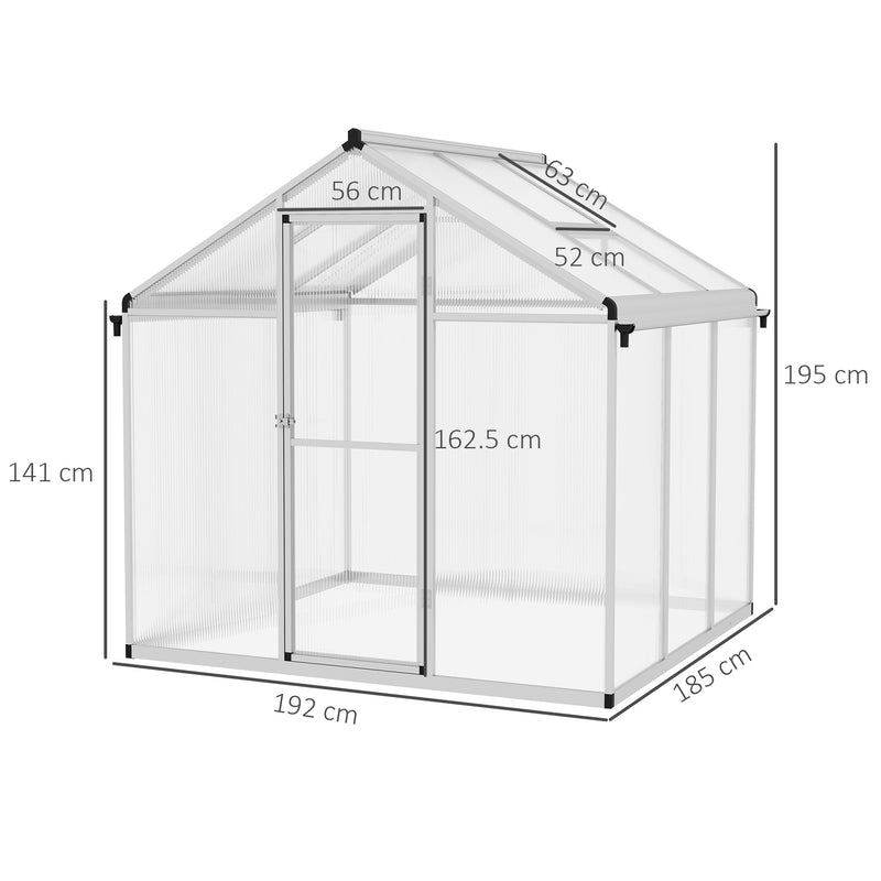 6 x 6ft Polycarbonate Greenhouse with Rain Gutters, Large Walk-In Green House with Window, Garden Plants Grow House with Aluminium