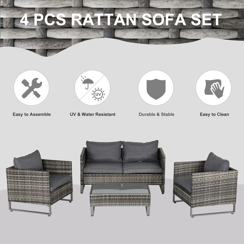 4-Seater PE Rattan Garden Furniture Wicker Dining Set w/ Glass Top Table, Cushions, Deep Grey