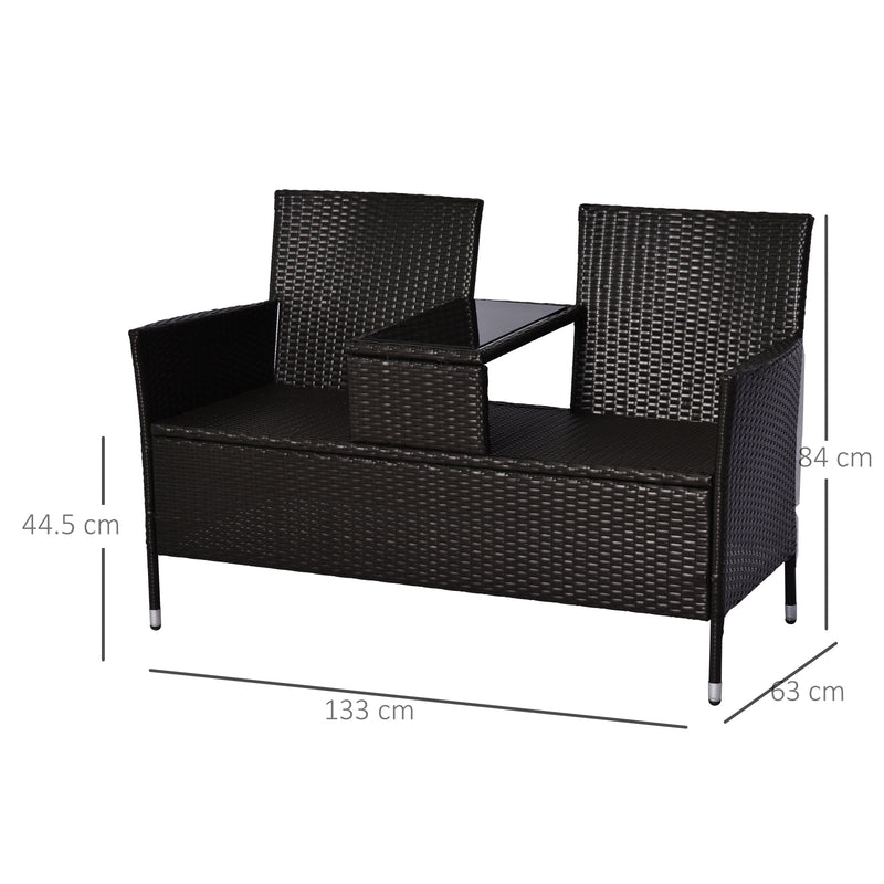2 Seater Rattan Dining Chairs Wicker Loveseat Outdoor Patio Armchair with Drink Table Garden Furniture - Dark Brown