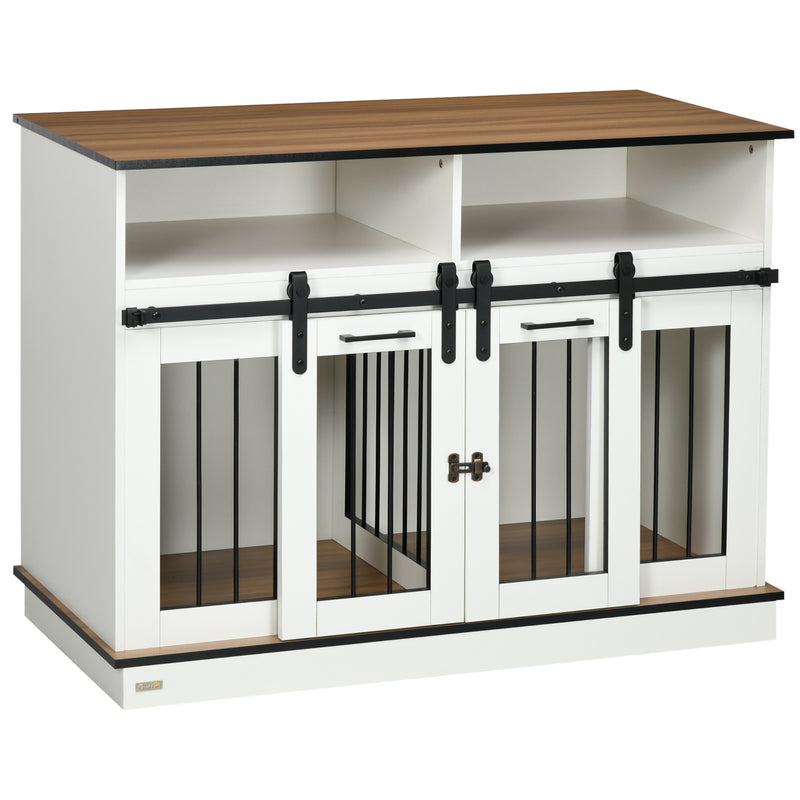 Dog Crate Furniture for Small & Large Dogs with Movable Divider, Dog Cage End Table with Shelves, Sliding Doors, 120 x 60 x 88.5 cm, White