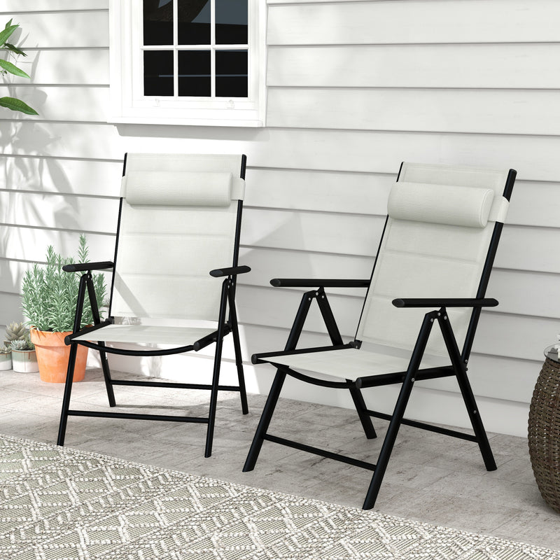 Set of 2 Patio Folding Chairs w/ Adjustable Back, Garden Dining Chairs w/ Breathable Mesh Fabric Padded Seat, Backrest, Headrest, Light Grey