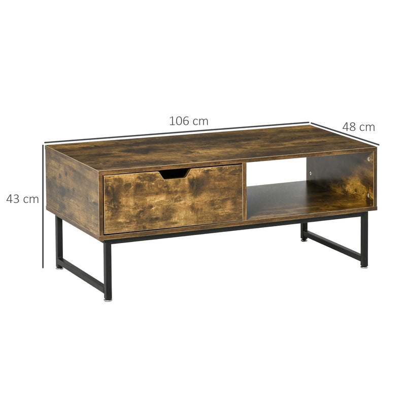 Industrial Coffee table Wooden End Table with Shortage Shelf and Drawer Modern Sofa Table Metal Frame, Rustic Brown 106W x 48D x 43H cm