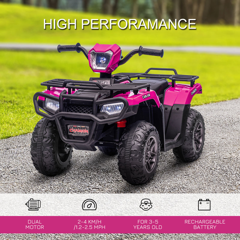 12V Kids Quad Bike with Forward Reverse Functions, Ride On ATV with Music, LED Headlights, for Ages 3-5 Years - Pink