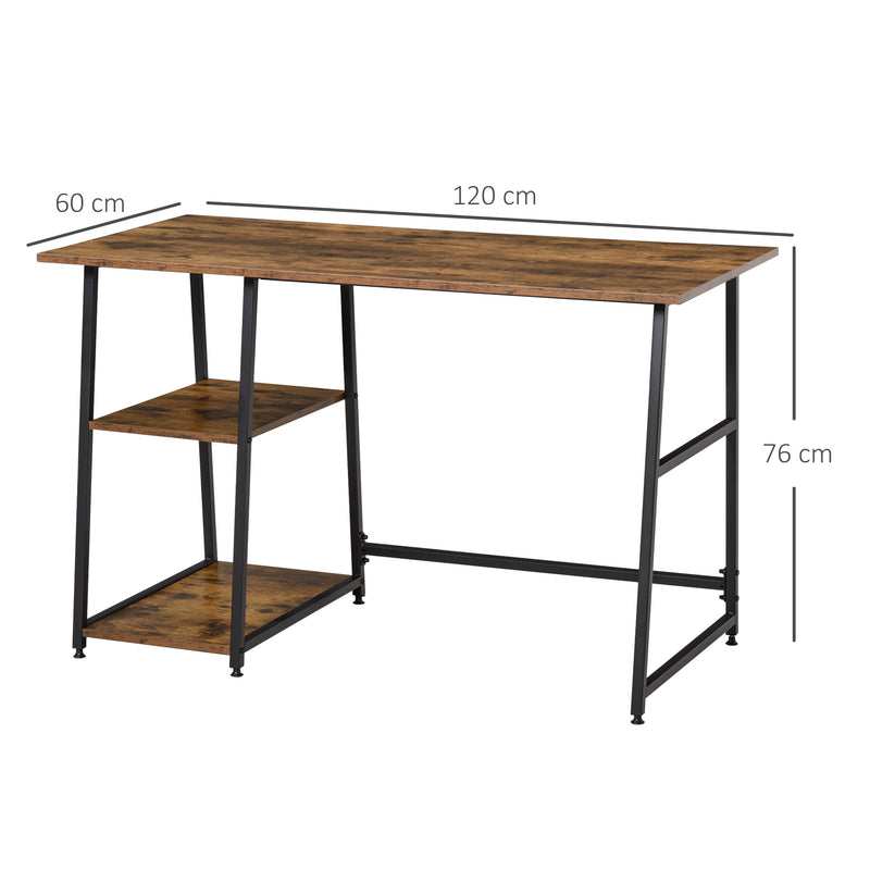 Office Desk Working Station Home Office Table with 2 Shelves Computer Gaming Desk Steel Frame Black and Rustic Brown