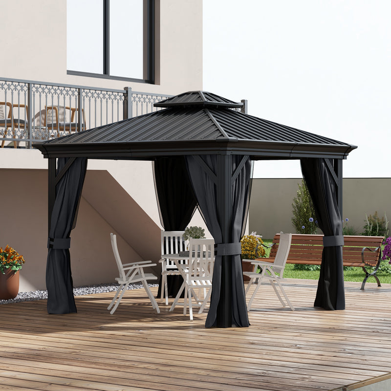 3 x 3.7m Outdoor Hardtop Gazebo Canopy Aluminum Frame with 2-Tier Roof & Mesh Netting Sidewalls for Patio, Dark Grey