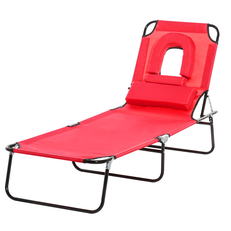 Foldable Outdoor Sun Lounger Adjustable Backrest Reclining Chair with Pillow and Reading Hole Garden Beach, Red