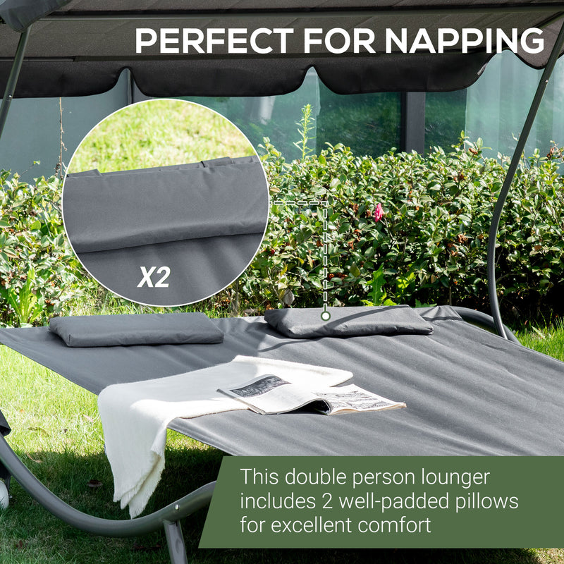 Patio Double Hammock Sun Lounger Bed w/ Canopy Shelter, Wheels & 2 Pillows, Grey
