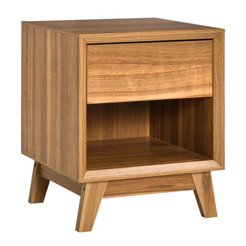 Modern Bedside Table Nightstand, Living Room End Table, Side Table with Drawer and Shelf, Walnut Brown