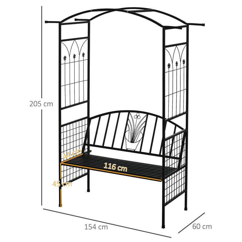 Garden Metal Arch Arbour with Bench Love Seat Chair Outdoor Patio Rose Trellis Pergola Climbing Plant Archway Tubular - 154L x 60W x 205Hcm