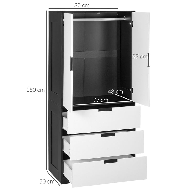 2 Door Wardrobe, Modern Wardrobe with 3 Drawers and Hanging Rod for Bedroom, White