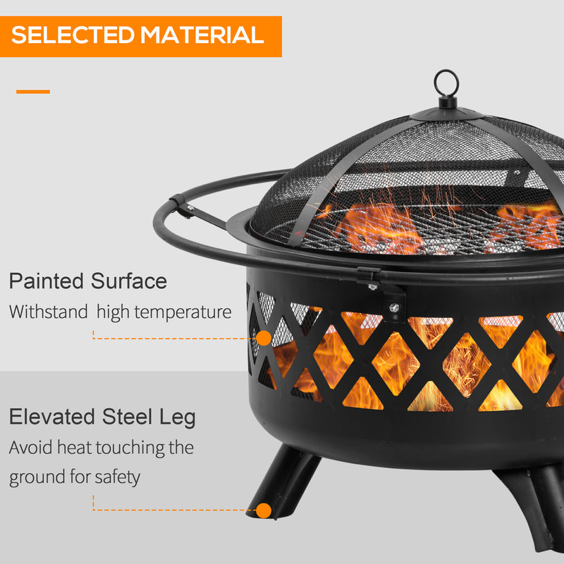 2-in-1 Outdoor Fire Pit with BBQ Grill, Patio Heater Log Wood Charcoal Burner, Firepit Bowl w/Spark Screen Cover, Poker for Backyard Bonfire
