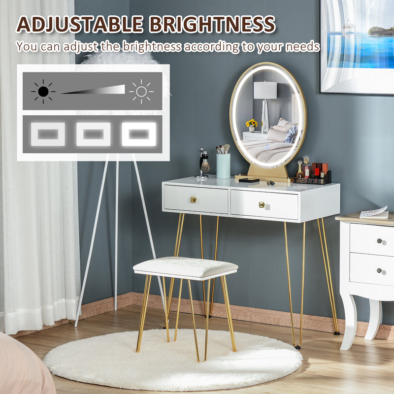 Dressing Table Set with LED Light, Round Mirror, Vanity Makeup Table with 2 Drawers and Cushioned Stool for Bedroom, White