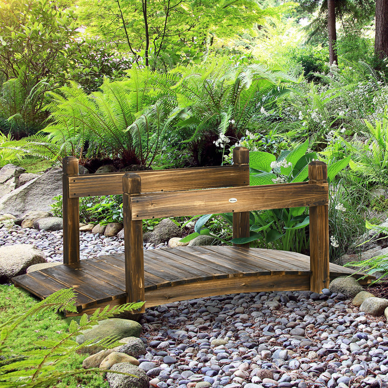 5FT Wooden Garden Bridge with Planters on Safety Railings, Stained Finish Arc Footbridge for Pond Backyard Stream