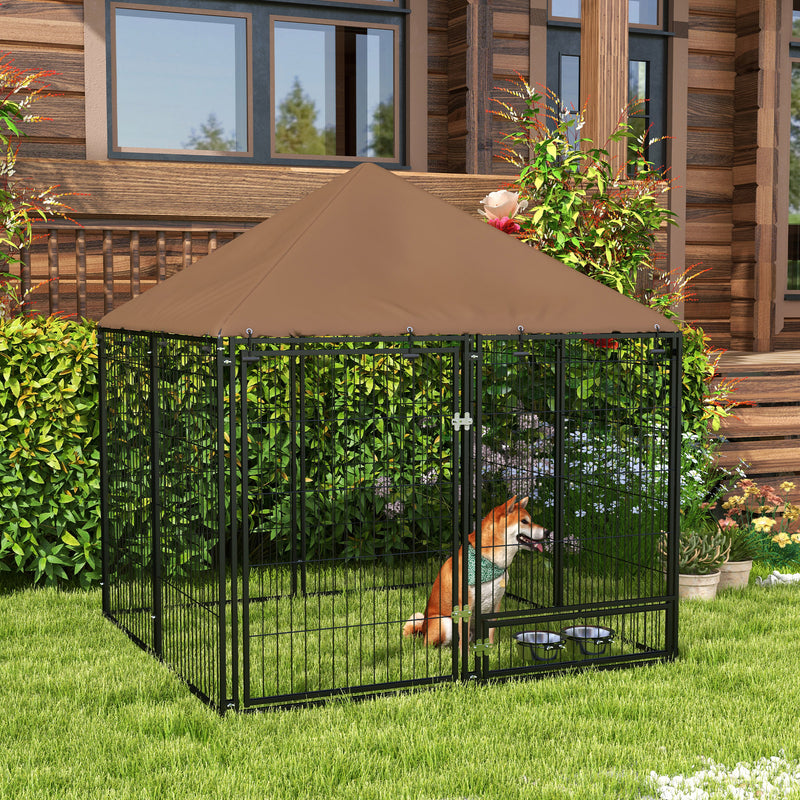 Outdoor Dog Kennel Puppy Play Pen with Canopy Garden Playpen Fence Crate Enclosure Cage Rotating Bowl 141 x 141 x 151 cm