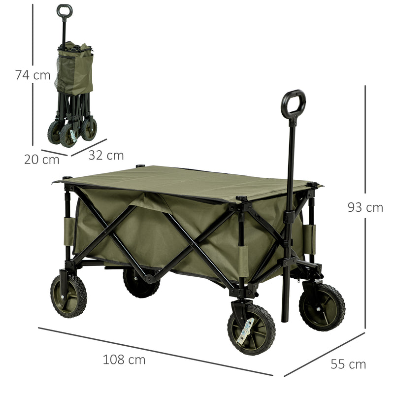 Folding Garden Trolley on Wheels, Collapsible Camping Trolley with Folding Board, Outdoor Utility Wagon with Steel Frame Oxford Fabric Green