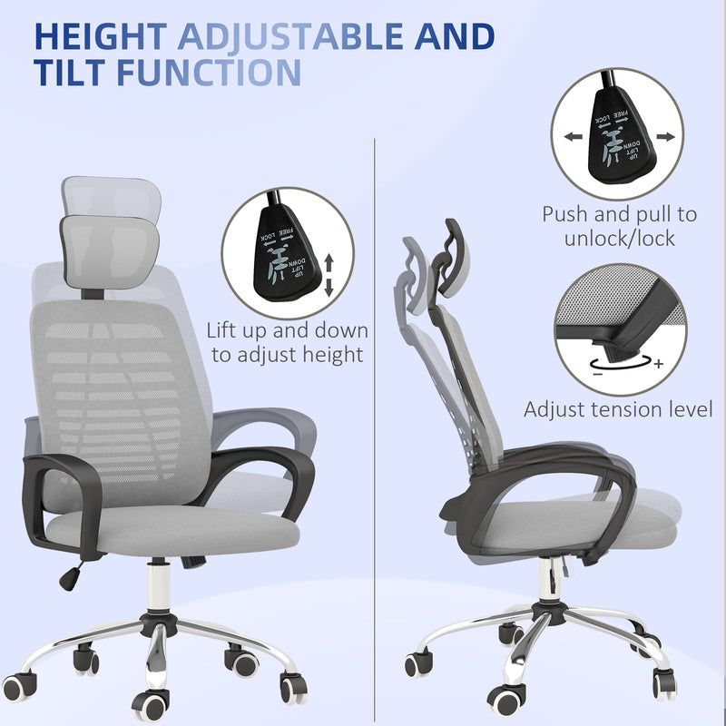 Ergonomic Office Chair, Mesh Desk Chair with Rotatable Headrest, Lumbar Back Support, Armrest, Grey
