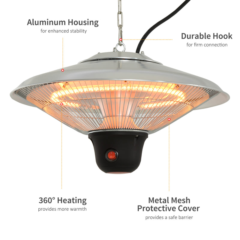 1500W Patio Heater Outdoor Ceiling Mounted Aluminium Halogen Electric Hanging Heating Light with Remote Control and 3 Heat Settings, Silver