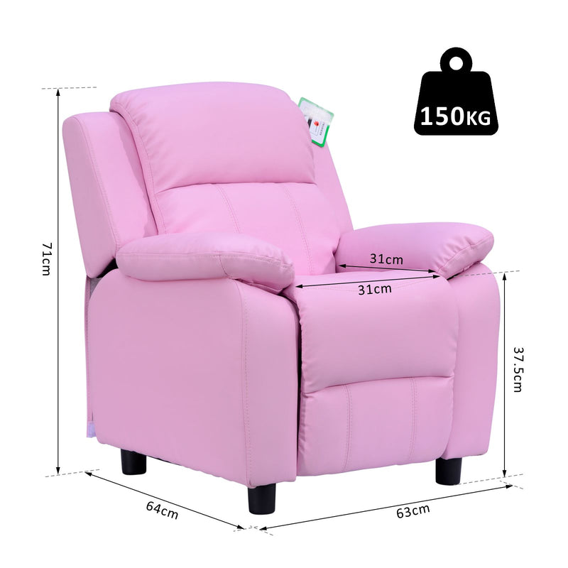 Kids Children Recliner Lounger Armchair Games Chair Sofa Seat PU Leather Look w/ Storage Space on Arms (Pink)