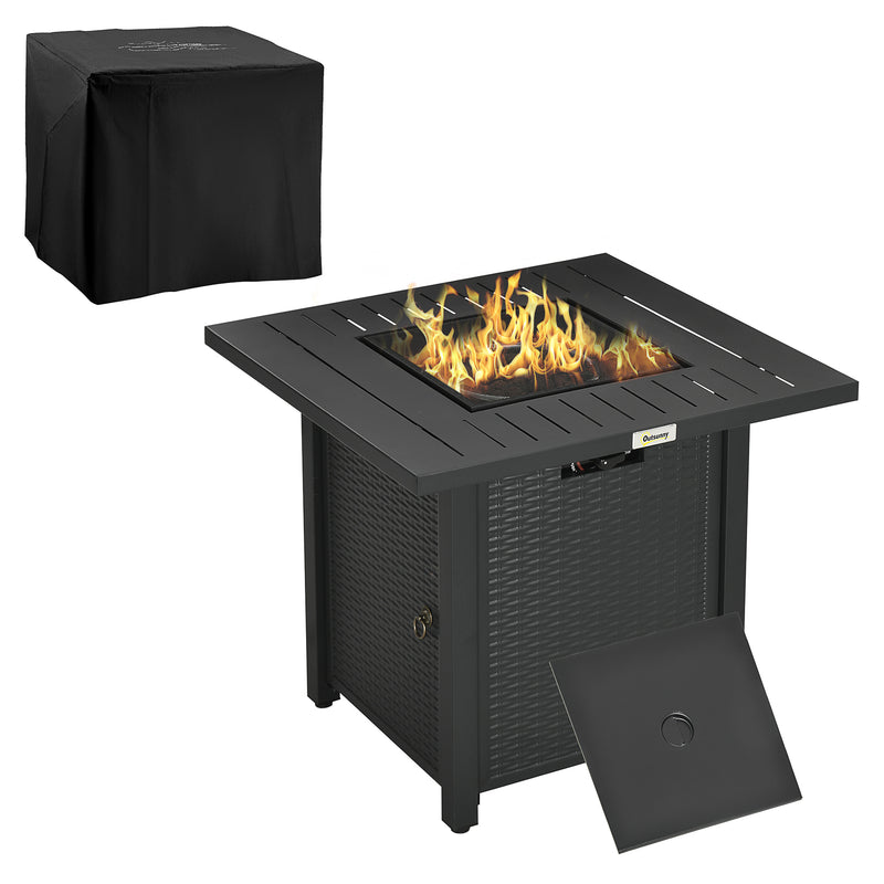 Rattan-style Propane Gas Fire Pit Table with 50,000 BTU Burner, Square Smokeless Firepit Patio Heater with Thermocouple, Waterproof Cover