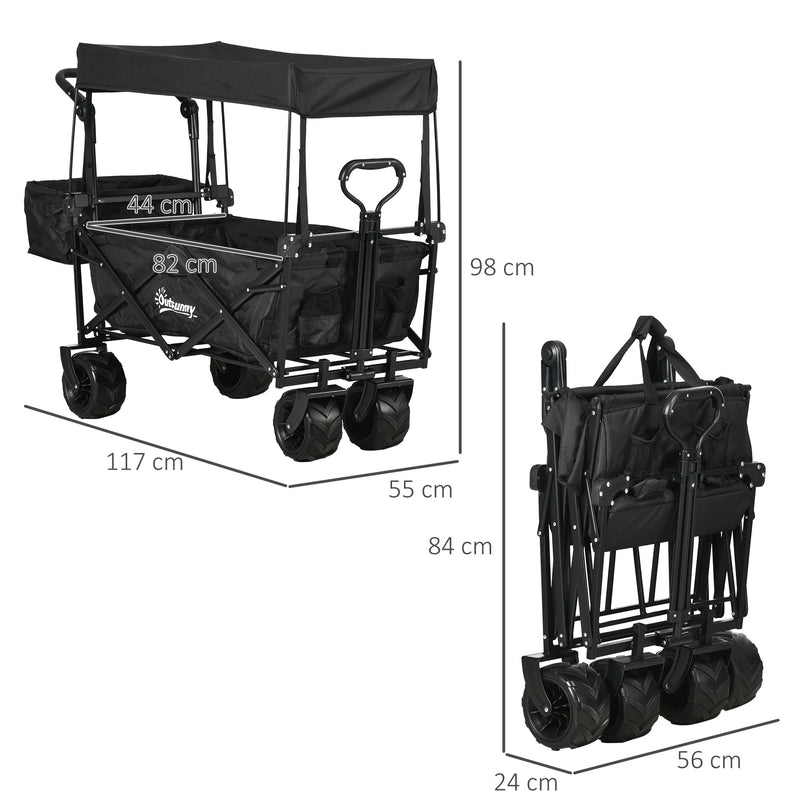 Folding Trolley Cart Storage Wagon Beach Trailer 4 Wheels with Handle Overhead Canopy Cart Push Pull for Camping, Black