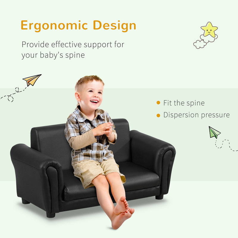 2 Seater Toddler Chair Kids Twin Sofa Childrens Double Seat Chair Furniture Armchair Boys Girls Couch w/ Footstool (Black)