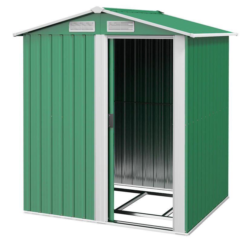 Garden Metal Tool Storage Shed with Sliding Door, Sloped Roof and Floor Foundation, 152 x 132 x 188cm, Green