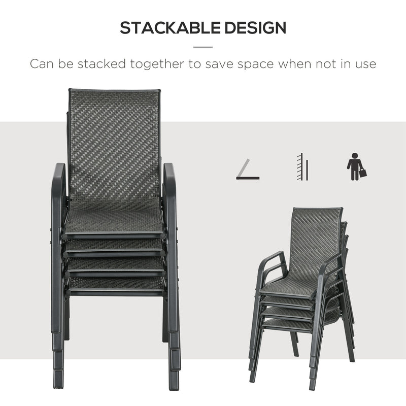 Stackable Outdoor Rattan Chairs Set of 4 with Armrests and Backrest, Mixed Grey