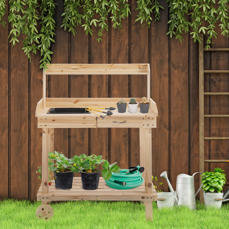 Garden Potting Bench Table, Wooden Work Station, Outdoor Planting Workbench with 2 Wheels, Sink, Drawer & Large Storage Spaces, 92x45x119cm
