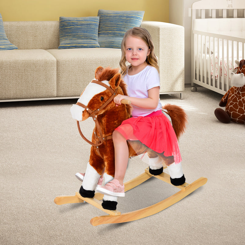 Wooden Rocking Horse with Sound Handle Grip Traditional Toy Fun Gift Brown