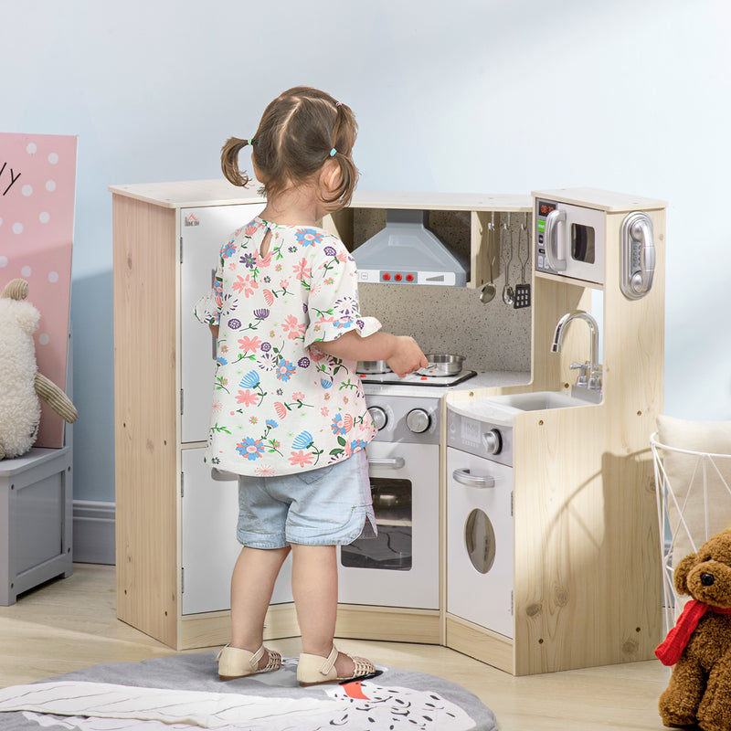 Toy Kitchen for Kids with Role Play Accessories, Wooden Corner Pretend Kitchen with Sound and Light, Phone, Microwave, Refrigerator, Ice Maker