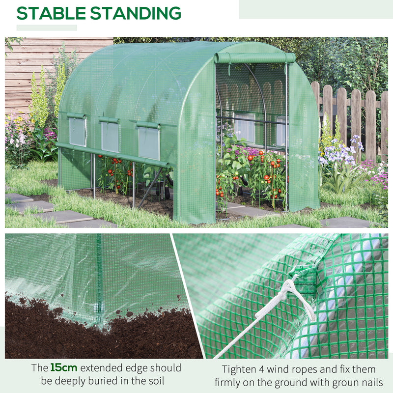 Walk In Greenhouse, Garden Polytunnel with PE Cover, Zipped Roll Up Door and 6 Mesh Windows, 3x2x2m, Green