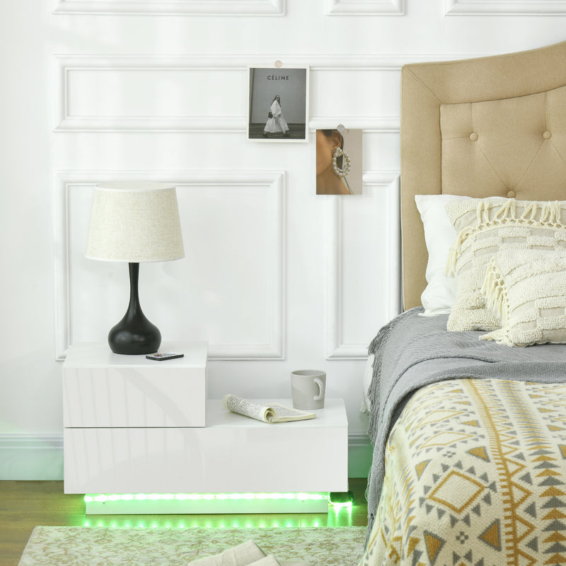 High Gloss Front Bedside Cabinets with Drawers, Nightstand with RGB LED Light and Remote for Bedroom Living Room White