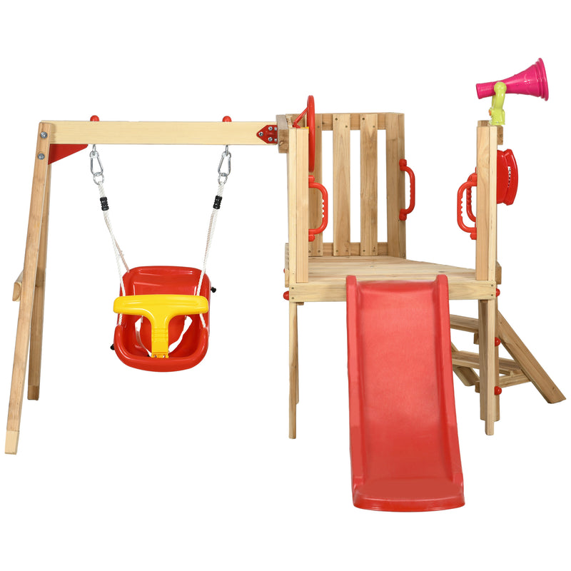 Wooden Swing and Slide Set for Toddler 18-48 Months, Outdoor Use - Red and Brown