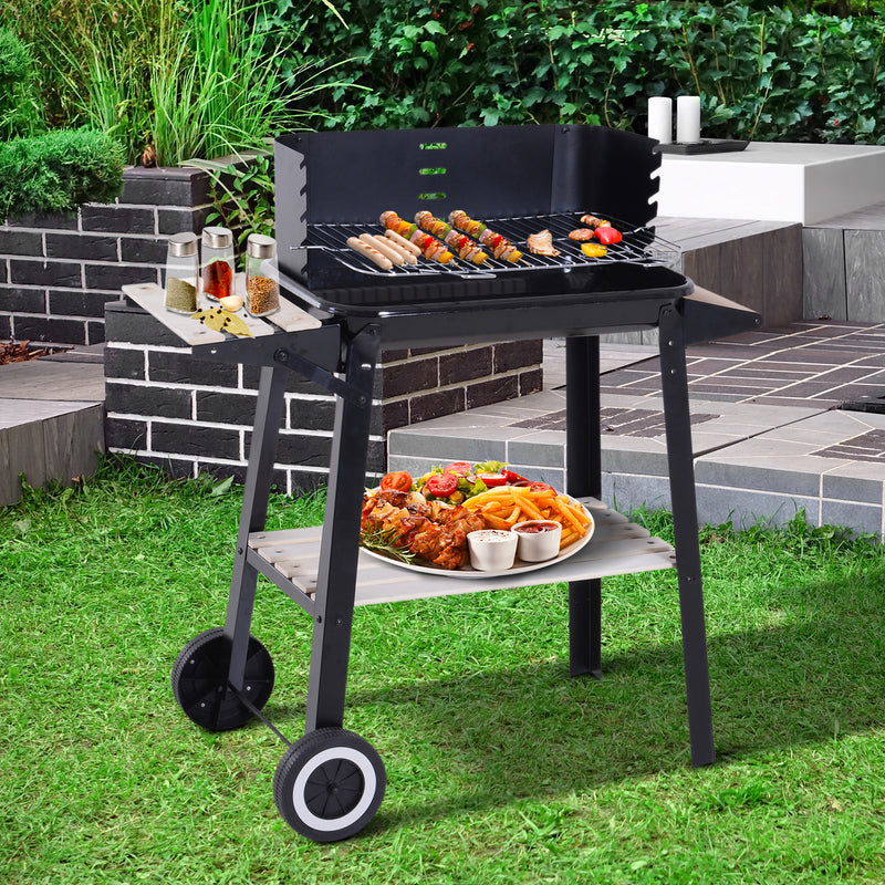 BBQ Grill Trolley Charcoal BBQ Barbecue Grill Outdoor Patio Garden Heating Smoker with Side Trays Storage Shelf and Wheels