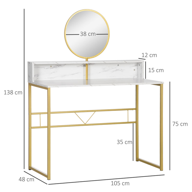 Modern Dressing Table with Round Mirror, Vanity Makeup Desk with Open Storage, Faux Marble Texture and Steel Frame for Bedroom, White