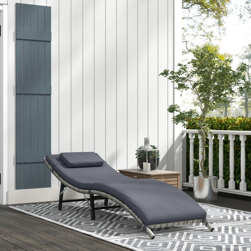 Rattan Folding Sun Lounger Outdoor Chair with Cushion and Pillow Grey