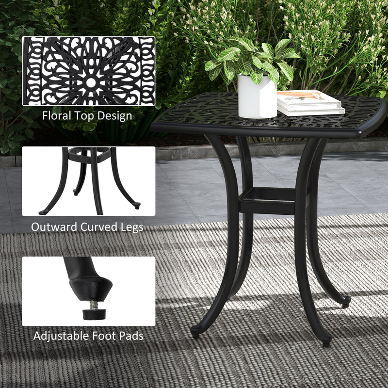 Cast Aluminium Bistro Table, Outdoor Square Side Table with Umbrella Hole, Garden Table for Balcony, Poolside, Black