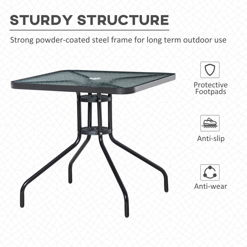 Square Patio Table, Tempered Glass Top Bistro Table, Garden Dining Table, Outdoor Accent Coffee Table 76 x 76cm Steel Frame w/ Umbrella Hole