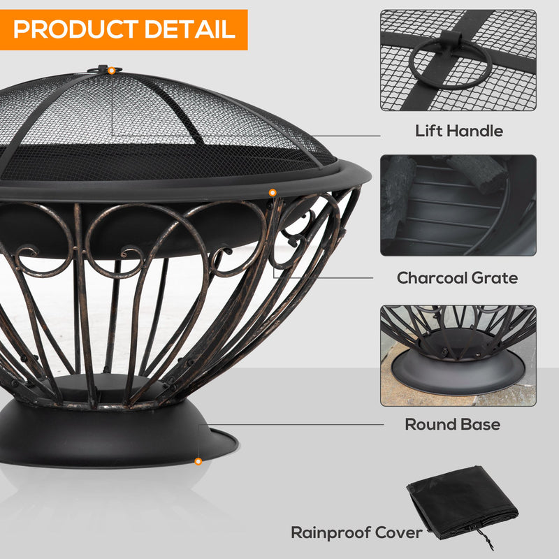 Outdoor Fire Pit for Garden, Metal Fire Bowl Fireplace with Spark Screen, Poker, Log Grate and Rainproof Cover, Patio Heater, Bronze
