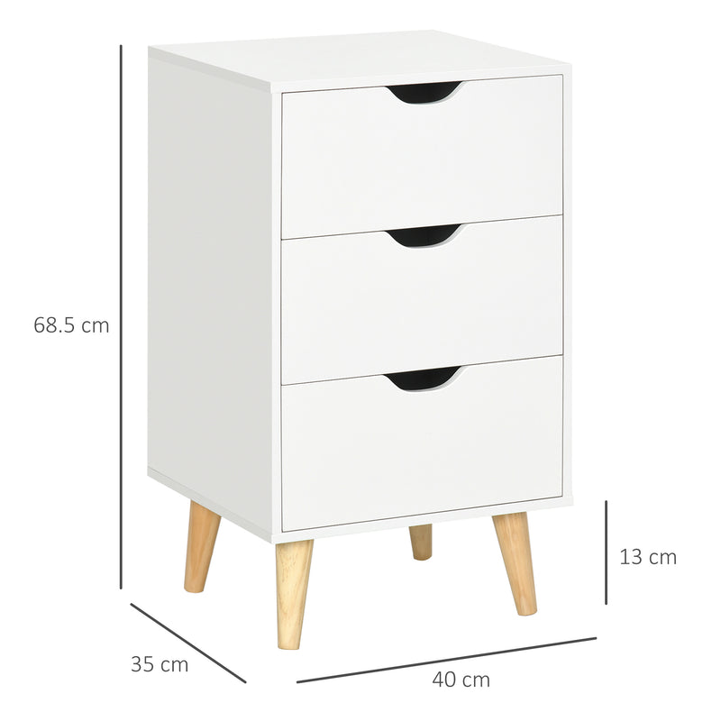 Bedroom Chest of Drawers, 3-Drawer Storage Unit with Wood Legs and Cut-out Handles, White