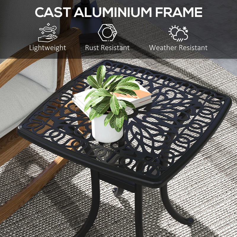 Cast Aluminium Bistro Table, Outdoor Square Side Table with Umbrella Hole, Garden Table for Balcony, Poolside, Black