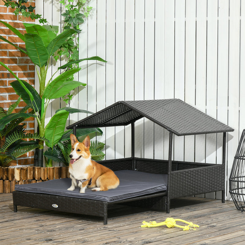 Extendable Elevated Dog Bed, Rattan Dog House w/ Water-Resistant Roof, Removable Cushion, for Small, Medium Dogs - Grey