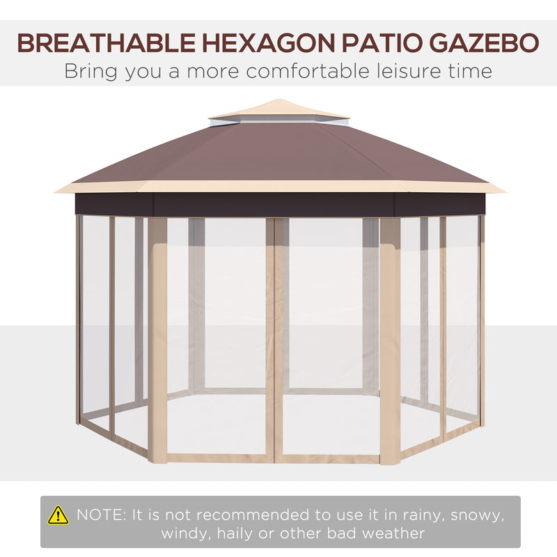 Hexagon Pop Up Gazebo Outdoor Patio Gazebo Double Roof Instant Shelter with Netting, 3 x 4m, Khaki