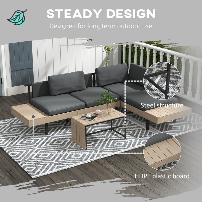 3-Piece L Shaped Garden Sofa Set with Sofa, Table, Cushions, HDPE, Garden Furniture Set for Poolside, Patio