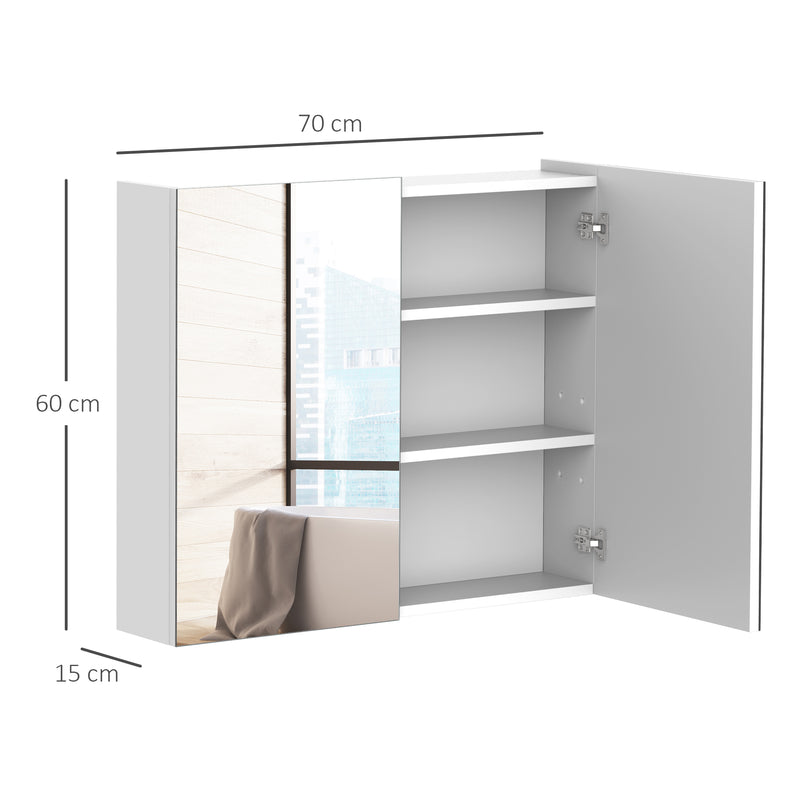 Bathroom Mirror Storage Cabinet Wall Mounted Double Doors Cupboard with Adjustable Shelf 60H x 70W x 15Dcm - White