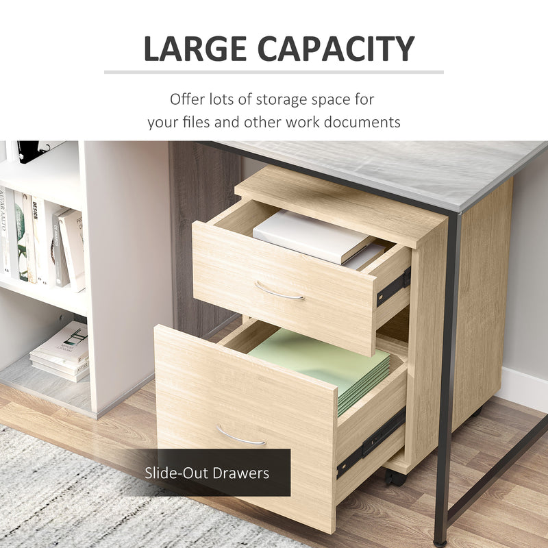 File Cabinet Cupboard Storage with Two Drawers, Table Storage Box with Wheels, Cabinet Bedside Table Storage Box, Oak