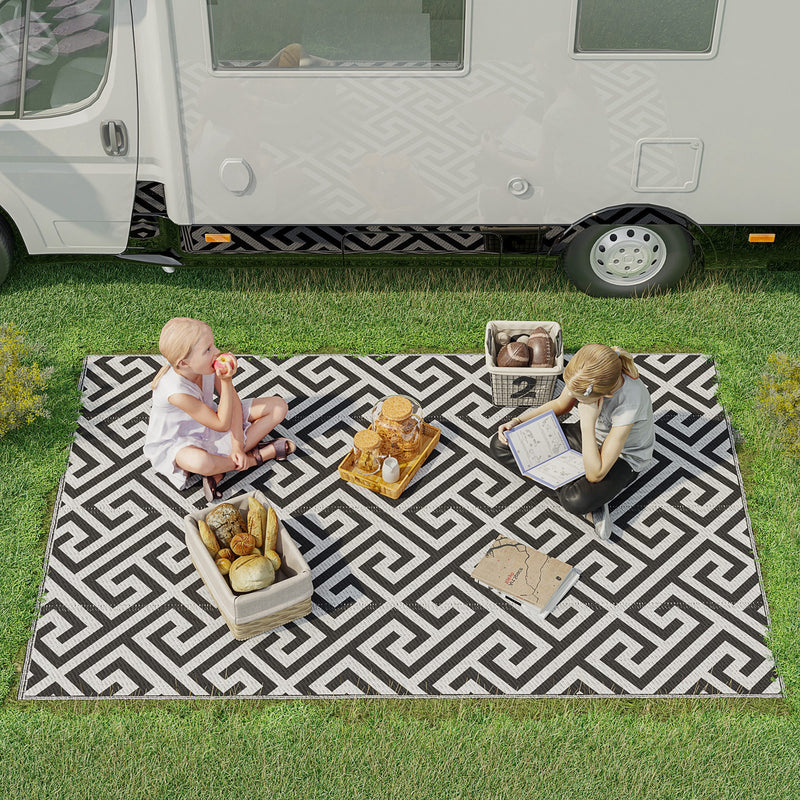 152 x 243 cm(5x 8ft) Outdoor Rug Reversible Mat Plastic Straw Rug Portable RV Camping Mat for Garden Deck Picnic Indoor, Black & White