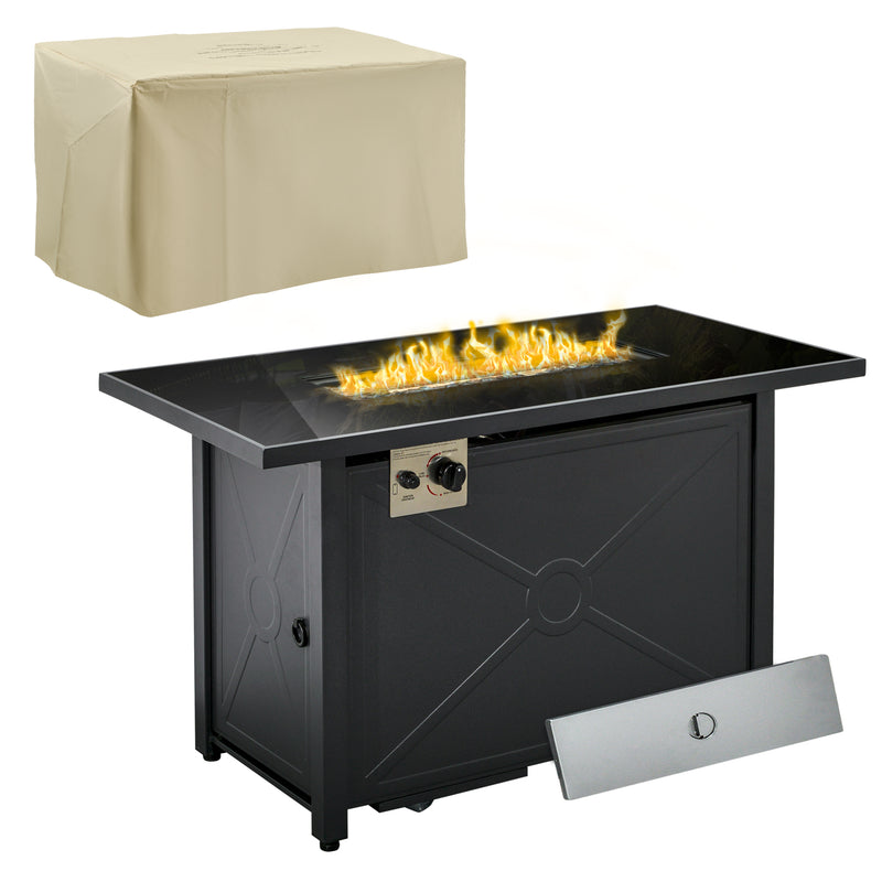 Propane Gas Fire Pit Table, 50000BTU Smokeless Firepit Outdoor Patio Heater with Tempered Glass Tabletop, Cover, 109cm x 56cm x 64cm, Black