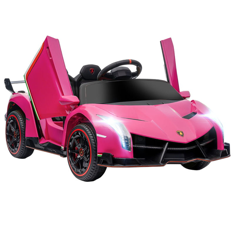 Lamborghini Veneno Licensed 12V Kids Electric Ride on Car w/ Butterfly Doors, Portable Battery, Powered Electric Car w/ Bluetooth, Pink